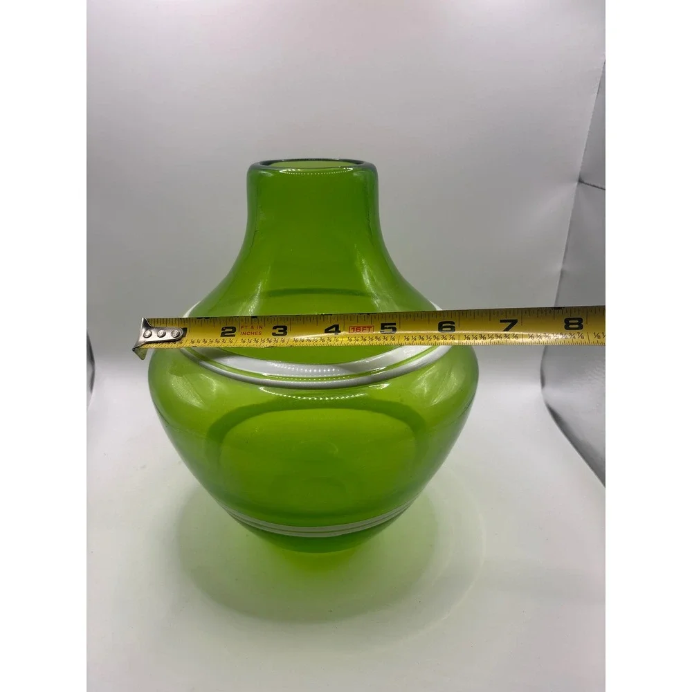 Mid Century Modern Green Art Glass Vase with White Stripes Hand Blown Decor